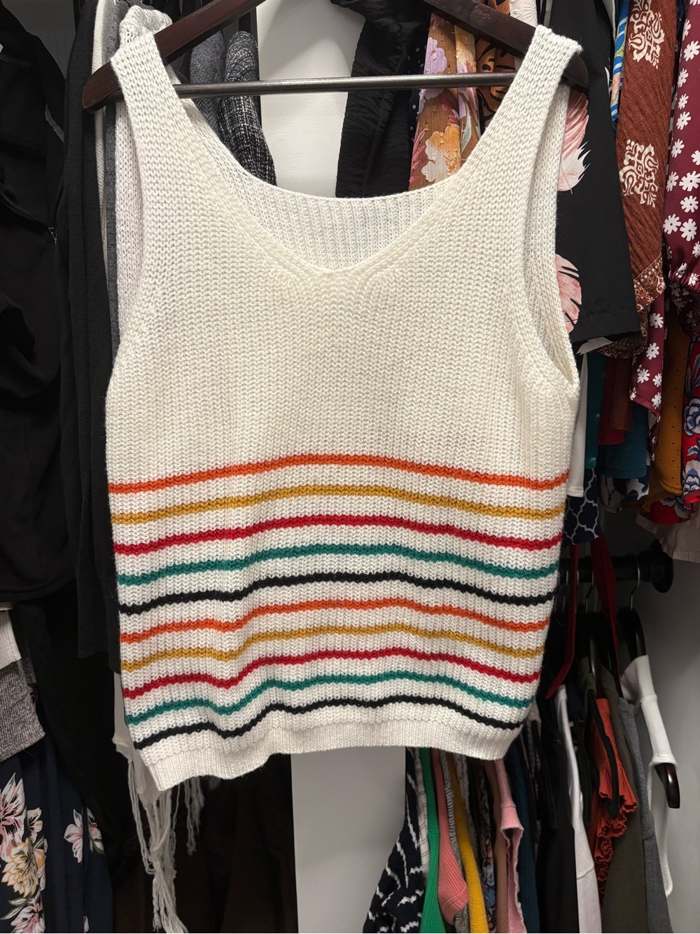 SHEIN White Knit Tank with Red, Orange, Yellow, Green, Black Stripes